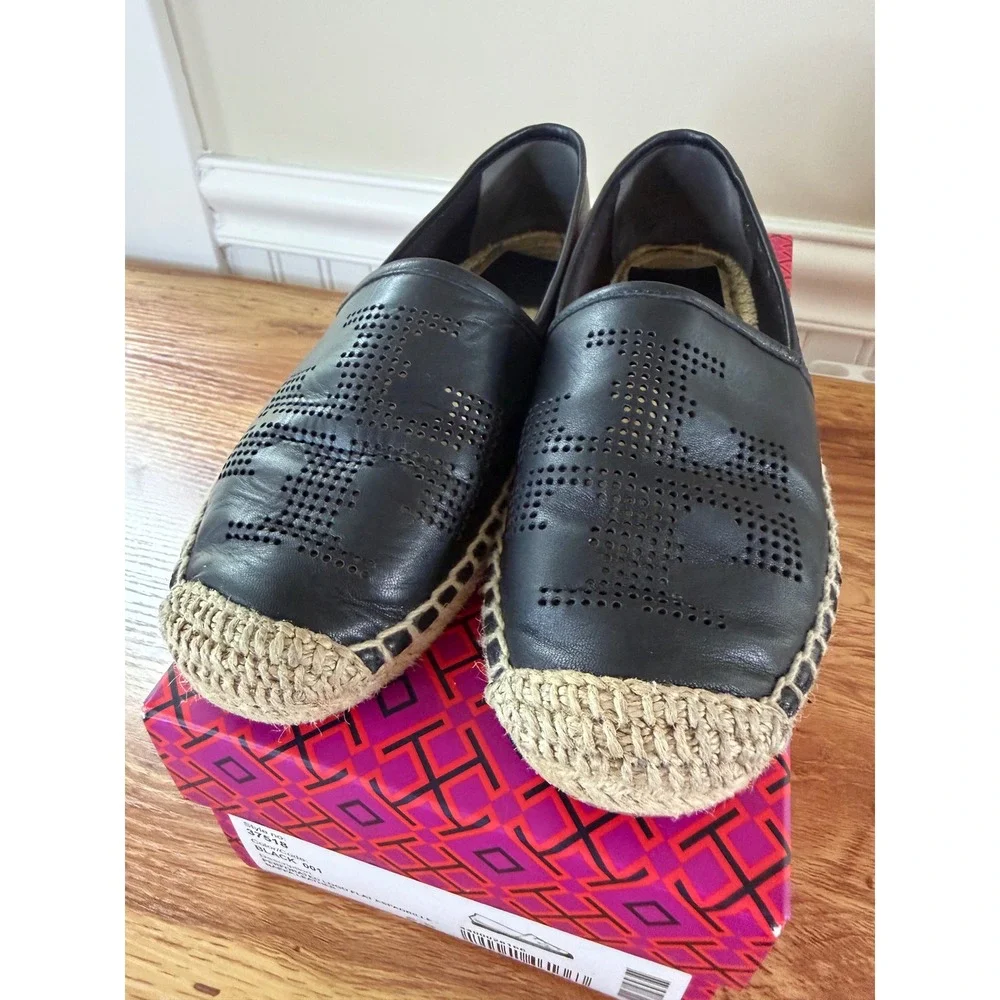 Tory Burch Black Perforated Logo Nappa Leather Espadrille Flats Size 6.5